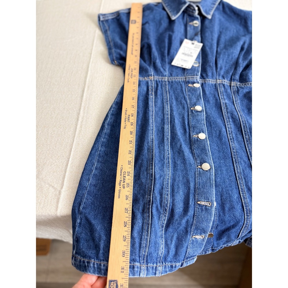 Zara Denim Mini Dress Large‎ Blue NEW Button Down Cap Sleeve Tailored Structured - Picture 4 of 8